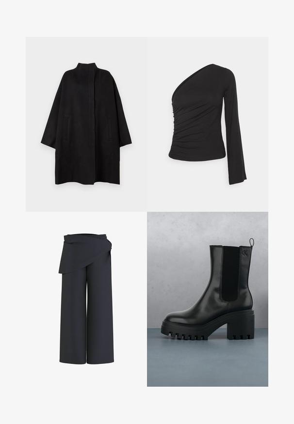 Zwarte, oversized jas met een hoge kraag, voorzien van twee voorzakken en een gladde textuur. Eenvoudig ontwerp met een recht gesneden silhouet.; Asymmetrisch langslievend top in zwart, met een geraapte zijkant voor textuur en een aansluitende silhouette. Gemaakt van zachte, rekbare stof.; Zwarte wijde broek met hoge taille en een wikkelstofdetail aan de bovenkant.; Zwarte lederen enkelboot met ronde neus, chunky plateauzool en mesh zijaccenten. Voorzien van een trekband voor gemakkelijk aan- en uittrekken.