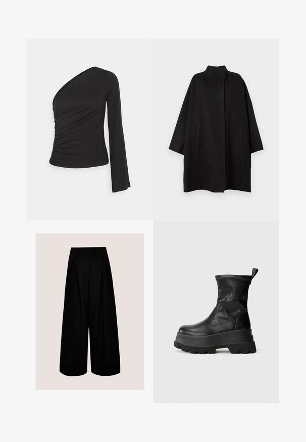 Manteau noir surdimensionné avec un col montant, doté de deux poches avant et d'une texture lisse. Design simple avec une silhouette droite.; Haut asymétrique à manches longues en noir, avec un côté froncé pour une texture et une silhouette ajustée. Fabriqué en matériau doux et extensible.; Pantalon noir à jambes larges et taille haute, avec plis et fermeture avant cachée, sur un fond clair uni.; Bottine en cuir noir avec une semelle en caoutchouc épaisse et texturée, des panneaux latéraux élastiques et une languette à l'arrière pour un enfilage facile.