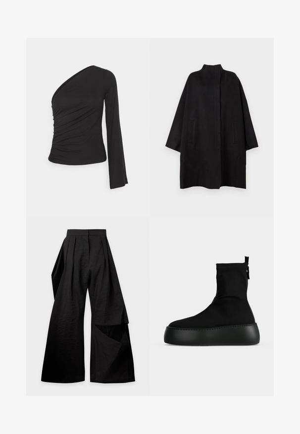 Sort, oversized frakke med høj krave, der har to frontlommer og en glat tekstur. Simpelt design med en lige skåret silhuet.; Asymmetrisk langærmet top i sort, med en sammensamlet side for tekstur og en tætsiddende silhuet. Lavet af blødt, strækbart materiale.; Sort viddebukser med læg ved taljen og et overlappende stofstykke på højre ben.; Sort ankelstøvle med tyk platformsål og lynlås med trækflig bagpå, vist mod en ensfarvet lys baggrund.