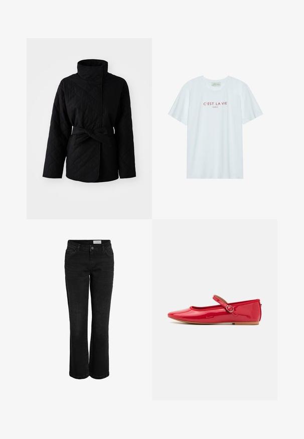 Veste matelassée noire avec col haut, taille ceinturée et tissu texturé. Présente des motifs diagonaux et des manches longues, conçue pour la chaleur.; T-shirt en coton blanc avec col rond et manches courtes. Présente un texte imprimé rouge "C'EST LA VIE PARIS" sur la poitrine. Design simple.; Jean noir en denim avec une coupe évasée, design à cinq poches et fermeture par bouton. Présente des détails de surpiqûres subtils et une ceinture classique.; Ballerines en cuir verni rouge avec un bout rond, une sangle élastique avec une boucle ronde, et une semelle plate beige. Surface lisse avec finition brillante.