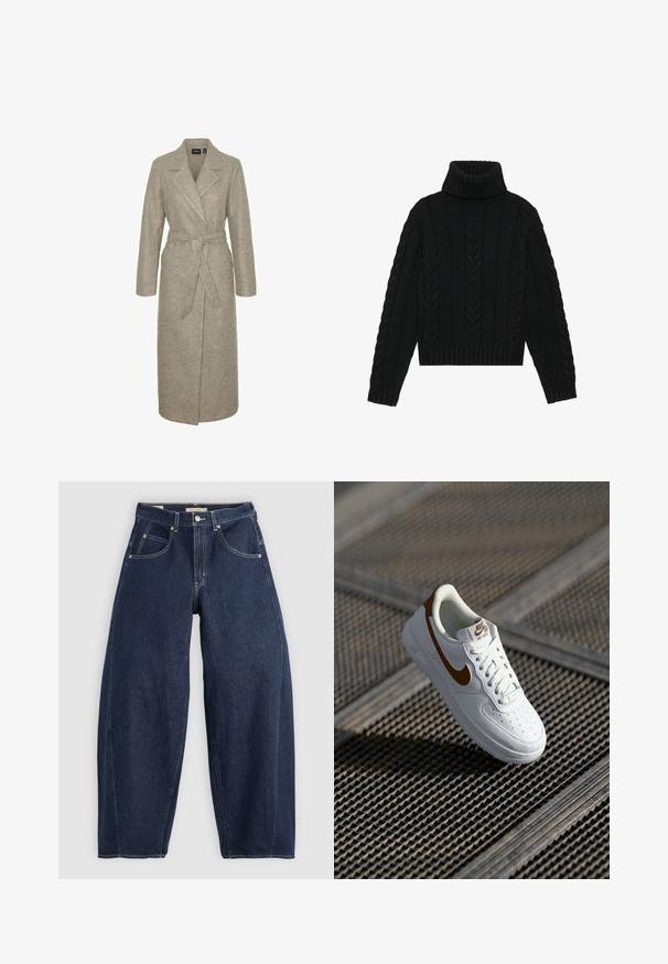 Lang, bæltefrakke i blødt, struktureret beige stof med klapkrave og lange ærmer, der har en skræddersyet pasform.; Sort strikket turtleneck sweater med ribkant og kabelstrik mønster, med lange ærmer og en struktureret krave.; Mørkeblå denim jeans med løs pasform, lyse syninger, fem lommer og en knaplukning ved taljen.; Hvid læder sneaker med perforeringer, brun Nike swoosh og snørebånd. Har en tekstureret sål og polstret krave.