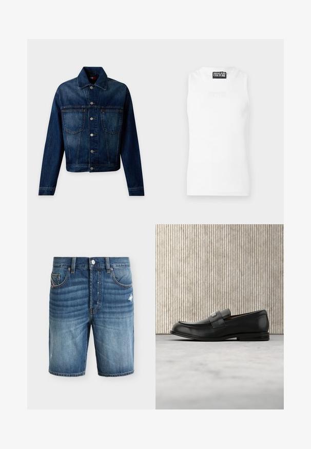 Veste en jean bleu foncé avec boutonnière devant, deux poches poitrine, manches longues et col classique sur un fond uni.; Haut blanc sans manches côtelé avec étiquette Versace Jeans Couture à l'encolure et logo embossé subtil sur la poitrine.; Short en denim bleu avec bouton à l'avant, passants de ceinture, poches latérales et détails discrets délavés et usés sur la cuisse droite.; Mocassin en cuir noir avec une plaque de marque en métal reposant près d'une table ronde marron sur un sol recouvert de moquette beige.