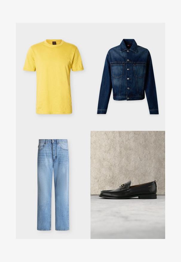 Veste en jean bleu foncé avec boutonnière devant, deux poches poitrine, manches longues et col classique sur un fond uni.; T-shirt jaune à manches courtes et col rond avec un logo BOSS discret sur la poitrine gauche et une étiquette de col noire.; Jean droit en denim bleu clair avec fermeture par bouton et zip, poches avant et arrière, et passants de ceinture à la taille.; Mocassin en cuir noir avec mors en métal doré et logo "HUGO", présenté sur un tapis beige et un meuble translucide marron.