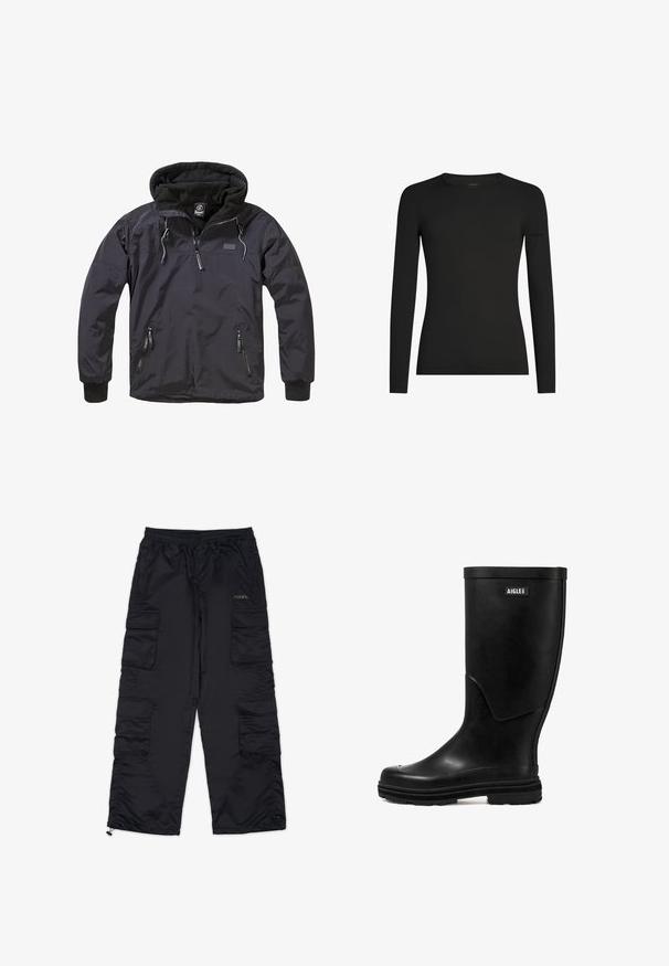 Schwarze Pulloverjacke mit fleecegefütterter Kapuze, halbhohem Reißverschluss vorne und zwei seitlichen Reißverschlusstaschen. Mit elastischen Bündchen und Kragen.; Schwarzes, langärmeliges, figurbetontes T-Shirt mit Rundhalsausschnitt und dezentem Icebreaker-Logo auf dem linken Ärmel, dargestellt vor weißem Hintergrund.; Schwarze Cargo-Hosen mit einem elastischen Bund, mehreren Seitentaschen und Reißverschlussabschlüssen. Aus glattem, leichtem Material gefertigt.; Schwarzer Gummi-Regenstiefel mit glatter Textur, runder Zehenform und einem Logo-Patch. Verfügt über eine mittelhohe Schafthöhe und eine strukturierte Sohle für besseren Halt.