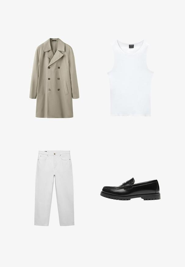 Manteau beige croisé à six boutons, larges revers et deux poches latérales verticales, présenté sur fond blanc.; Débardeur blanc sans manches en coton côtelé. Présente un col rond et une texture lisse. L'étiquette indique "PULL&BEAR."; Jean blanc taille haute à jambes droites avec poches avant, passants pour ceinture et fermeture à bouton en laiton.; Mocassin en cuir noir avec une semelle en caoutchouc épaisse et un détail classique de bride à monnaie, vu de côté extérieur.