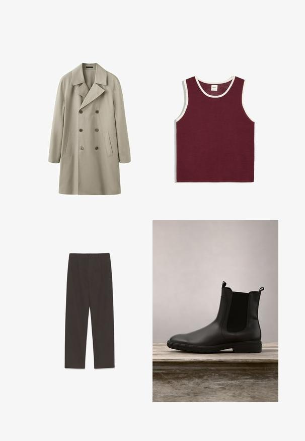 Manteau beige croisé à six boutons, larges revers et deux poches latérales verticales, présenté sur fond blanc.; Débardeur sans manches en mesh rouge foncé avec bordure blanche autour du col et des emmanchures, posé à plat sur un fond blanc.; Pantalon marron foncé en tissu doux, doté d'une coupe à jambe droite, de plis sur le devant et d'une fermeture à un seul bouton à la taille.; Bottine Chelsea noire en caoutchouc avec une finition lisse, panneaux latéraux élastiques et languettes, présentant un petit talon et une semelle robuste.