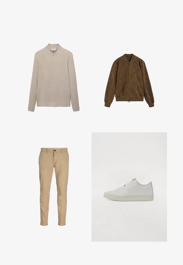 Veste aviateur en daim marron avec col, poignets et ourlet côtelés, fermeture éclair sur le devant et deux poches avant en biais.; Pull beige côtelé avec un col montant et une fermeture éclair à moitié. Les manches longues et le design ajusté à l'ourlet accentuent l'apparence texturée.; Pantalon beige slim pour homme avec passants de ceinture, fermeture à boutons à l'avant et poches latérales sur fond blanc.; Baskets en cuir blanc au design bas, avec des lacets ronds, des coutures minimales et une semelle en caoutchouc texturée.