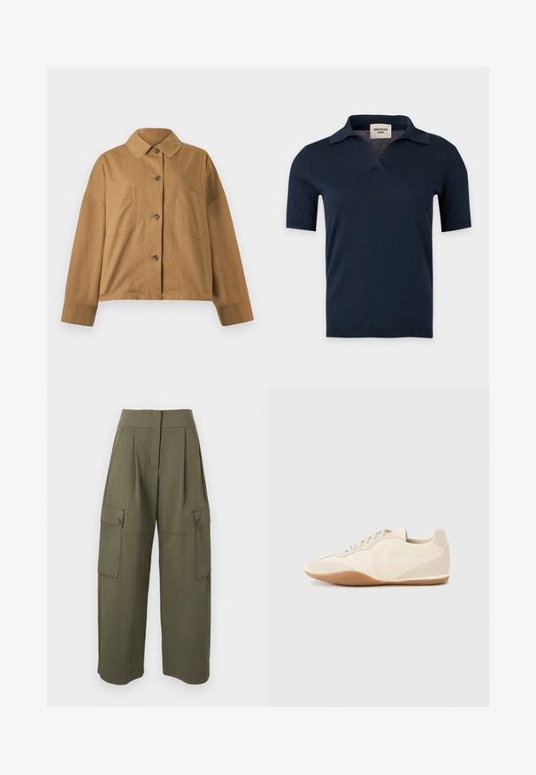 Veste marron clair boutonnée, manches longues, deux poches poitrine, avec un col classique, confectionnée dans un tissu doux et texturé.; Chemise en maille bleu marine à manches courtes avec un petit col ouvert et un col en V, présentée sur un fond gris clair uni.; Pantalon cargo vert olive à coupe décontractée, doté de deux poches latérales et d'une fermeture à boutons, confectionné dans un tissu léger et texturé.; Baskets beige clair avec une tige en cuir texturé, des panneaux latéraux texturés et une semelle en caoutchouc. Dotées d'un design fin et épuré ainsi que de lacets plats.