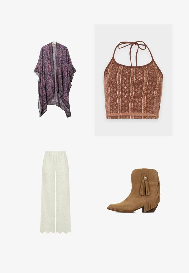 Vêtement style kimono à motif cachemire violet et noir suspendu sur un cintre noir sur fond blanc.; Top crop halter à motifs marron, présentant des designs géométriques avec des accents blanc cassé, des liens au cou ajustables et une finition douce et texturée.; Pantalons blancs à jambes larges avec une taille élastique, présentant des broderies en œillets et des bords festonnés. Matière légère et respirante.; Bottine en daim marron avec bout pointu, talon bloc, franges latérales et pampilles décoratives avec détail de bouton en métal.