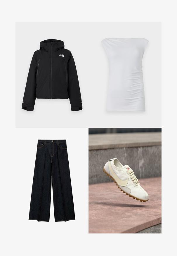 Sort isoleret jakke med hætte, der har lynlås foran og to sidelommer. Inkluderer et logo på venstre bryst og elastiske manchetter.; Hvid off-the-shoulder top lavet af blødt stof; har et tætsiddende design med diskret side-frynse og glat tekstur.; Vide ben jeans i mørkt denim med høj talje, frontlommer og kontrastfarvet syning. Glat tekstur med en skræddersyet finish.; Hvid og beige atletiksko med snørebånd og gummisål, svævende over en stenovertag med en sløret betonbaggrund.