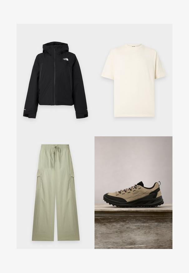 Veste noire isolante avec capuche, dotée d'une fermeture éclair à l'avant et de deux poches latérales. Comprend un logo sur la poitrine gauche et des poignets élastiques.; T-shirt en coton crème à manches courtes, col rond, avec un petit logo sur le devant. Design simple, texture douce, et coupe décontractée.; Pantalon cargo vert clair à jambes larges avec taille élastique et cordon de serrage, doté de poches latérales à rabat et d'une coupe décontractée.; Chaussure de randonnée basse beige et noire avec semelle robuste, lacets roses et tirette à l'arrière, conçue pour une utilisation en extérieur.