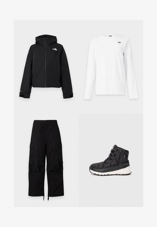 Sort isoleret jakke med hætte, der har lynlås foran og to sidelommer. Inkluderer et logo på venstre bryst og elastiske manchetter.; Hvid langærmet T-shirt med rund hals og lille sort The North Face-logo på venstre bryst.; Sorte cargobukser med elastisk talje, knaplukning, sidelommer med klap og brede, lige ben med justerbare kanter.; Sorte mellemhøje vandrestøvler med tekstureret overflade, justerbare snørebånd og hvid gummisål. Har branding på siden.