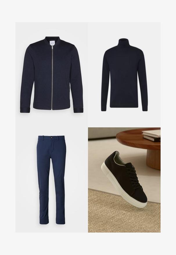 Tmavomodrá bomber bunda s predným zipsom, okrúhlym výstrihom a manžetovými rukávmi. Vyrobená z hladkej látky s minimalistickým dizajnom.; Námornícky modrý rolák vyrobený z hladkej pleteniny s dlhými rukávmi a priliehavým strihom. Bez ďalších vzorov alebo akcentov.; Námornícké modré nohavice vyrobené z hladkej tkaniny, s rovnými nohavicami, zipsom na prednej strane a jednou prednou vreckom na gombík.; Čierna teniska s bielou podrážkou plávajúca nad béžovým textúrovaným kobercom pri okrúhlom drevenom stole s hromadou kníh.