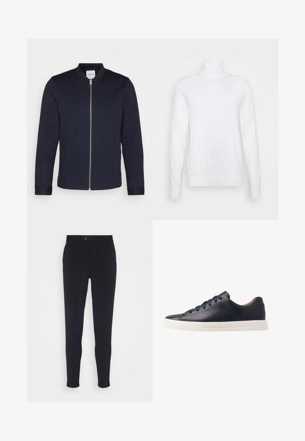 Tmavomodrá bomber bunda s predným zipsom, okrúhlym výstrihom a manžetovými rukávmi. Vyrobená z hladkej látky s minimalistickým dizajnom.; Biely rolák s dlhými rukávmi, vyrobený z hladkej tkaniny. Má priliehavý strih a rebrované manžety a lem. Bez vzorov a akcentov.; Námořnické modré kalhoty na míru s úzkým střihem, vybavené knoflíkovým zapínáním, bočními kapsami a hladkým, mírně texturovaným materiálem.; Námornícke kožené tenisky s hladkým povrchom, plochou bielou gumovou podrážkou, okrúhlou špičkou a šiestimi námorníckymi šnúrkami prevlečenými cez okrúhle očká.