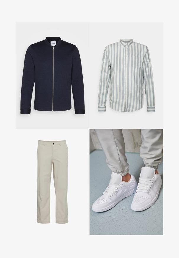 Mørkeblå bomberjakke med frontlynlås, rund halsudskæring og manchetter. Lavet af et glat stof med et minimalistisk design.; Knapp-up skjorte i lyseblå og off-white striber. Har en klassisk krave, lange ærmer og en brystlomme. Blødt stof, afslappet pasform.; Beige bomuldsbukser med lige ben, frontlommer og enkelt knaplukning. Glat tekstur og minimale syningsdetaljer.; Hvide lædersneakers har en perforeret tåboks, flade snørebånd, polstret krave og Jordan-logoet på tungen. Båret med grå joggers.