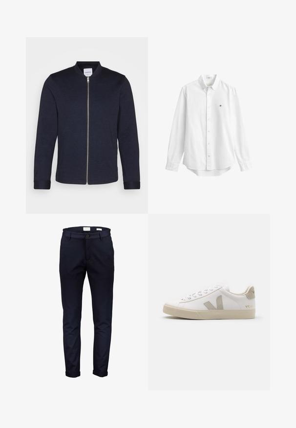 Chaqueta bomber de un oscuro color azul marino con cremallera frontal, cuello redondo y mangas con puños. Hecha de una tela suave con un diseño minimalista.; Camisa blanca de manga larga con botones, con cuello y pequeño logo bordado en el pecho izquierdo, presentada sobre un fondo liso.; Pantalones de algodón azul marino, ajuste slim, con cierre de botón y puños doblados. Textura suave sin patrones o acentos visibles.; Zapatillas blancas de cuero con acentos en beige, suela plana de goma, puntera redonda y logotipo contrastante en el lado y la parte trasera. Diseño con cordones.