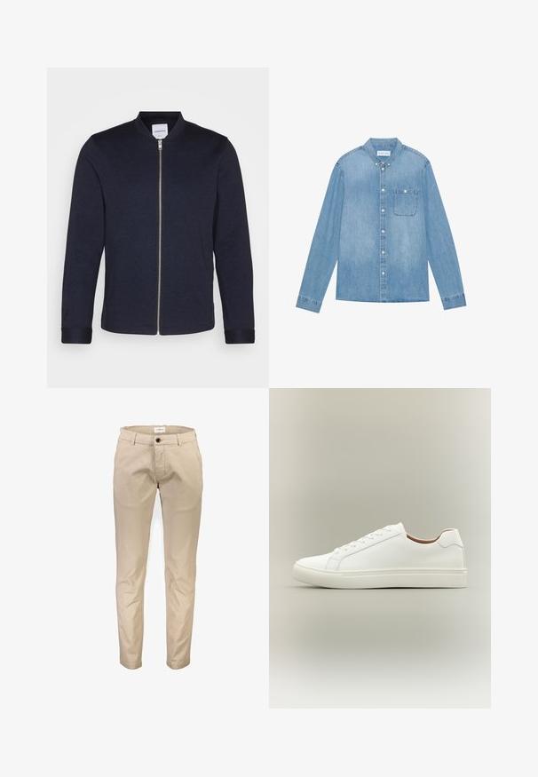 Veste bomber bleu marine foncé avec une fermeture éclair sur le devant, un col rond et des manches resserrées. Fabriquée dans un tissu lisse avec un design minimaliste.; Chemise en denim bleu clair à boutons, manches longues, col pointu, poche poitrine unique et décoloration subtile sur le tissu.; Pantalon en coton beige avec une coupe droite, doté de poches avant, d'une fermeture éclair et d'un bouton unique. Texture lisse, sans motifs.; Baskets blanches basses avec fermeture à lacets et semelle plate, vues de côté sur un fond neutre.