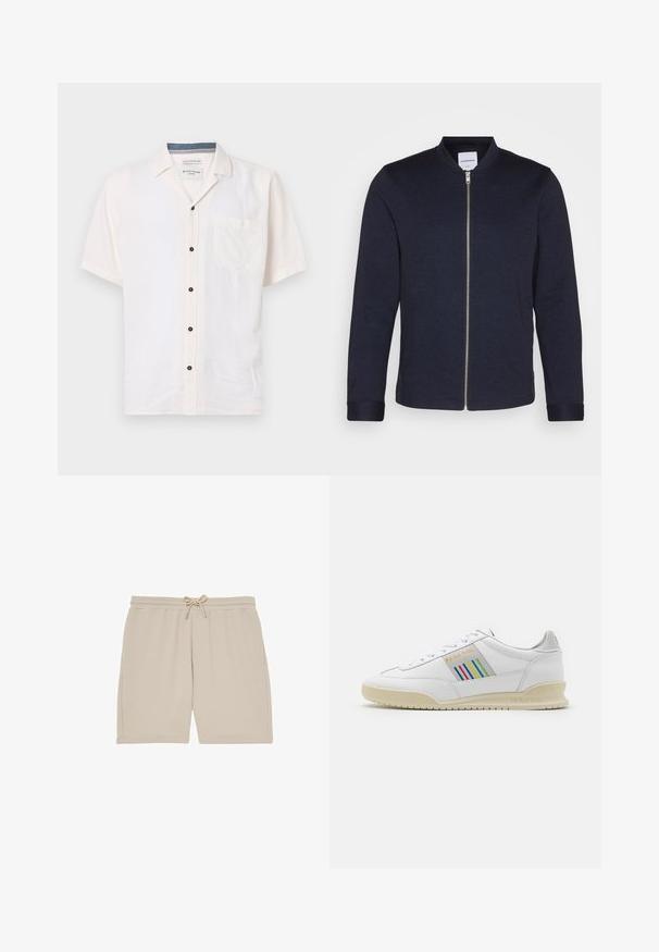 Mørkeblå bomberjakke med frontlynlås, rund halsudskæring og manchetter. Lavet af et glat stof med et minimalistisk design.; Kortærmet skjorte lavet af let stof, i off-white, med en brystlomme og sorte knapper langs fronten.; Beige teksturerede strikkede shorts med snor og elastisk talje, vist fladt.; Hvide lædersneakers med en cremefarvet sål, multicolor stribede detaljer på siden og "PS Paul Smith" branding i guld.