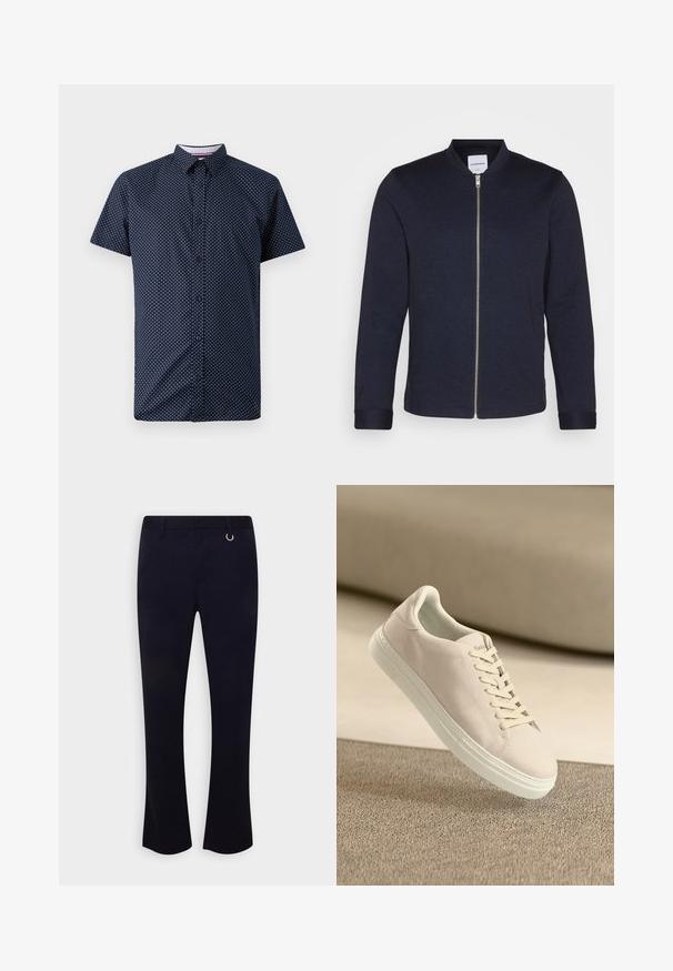 Donker marineblauwe bomberjack met een voorkANT ritssluiting, ronde halslijn en omgeslagen mouwen. Gemaakt van een soepele stof met een minimalistisch ontwerp.; Korte mouw blouse van marineblauwe stof met een wit stippenpatroon, met een knoopsluiting aan de voorkant en een klassieke kraag.; Only & Sons ONSLAW STRUCTURE PANT - Broek - dark navy; Beige suède sneaker met een witte zool en veters, zwevend boven een gestructureerd beige tapijt tegen een zachte beige achtergrond.