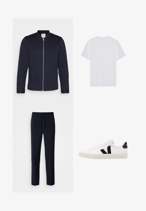 Mørkeblå bomberjakke med frontlynlås, rund halsudskæring og manchetter. Lavet af et glat stof med et minimalistisk design.; Hvid bomulds T-shirt med korte ærmer, rund hals og en glat tekstur. Har minimal branding på halsudskæringen.; Marineblå, letvægtsbukser med elastisk talje og justerbar snor, med lige pasform og glat tekstur.; Hvide lædersneakers med sorte ruskindsdetaljer; har en gummisål, rund tå og klassisk snørebåndsdesign. Side logo i sort.