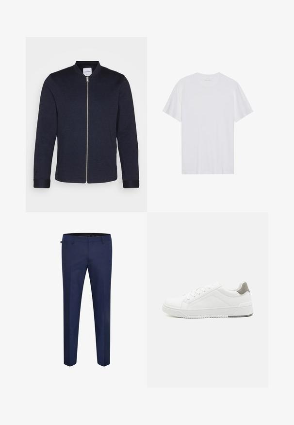 Chaqueta bomber de un oscuro color azul marino con cremallera frontal, cuello redondo y mangas con puños. Hecha de una tela suave con un diseño minimalista.; Camiseta de algodón blanca con mangas cortas, cuello redondo y una textura suave. Presenta una marca mínima en el escote.; Pantalones de corte entallado en azul marino, confeccionados con una tela suave, con un diseño de frente plano y sin bolsillos o adornos visibles.; Zapatilla blanca con material de cuero liso, punta redonda, diseño minimalista, acento gris en el talón y suela de goma texturizada.