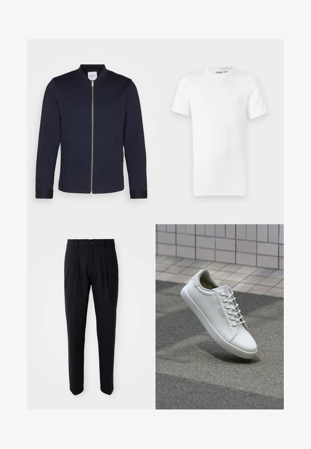 Mørkeblå bomberjakke med frontlynlås, rund halsudskæring og manchetter. Lavet af et glat stof med et minimalistisk design.; Hvid, kortærmet T-shirt med rund hals og et lille brandlabel inde i kraven, vist på en hvid baggrund.; Sorte skræddersyede bukser med frontfald, knaplukning og bæltestropper, præsenteret på en hvid baggrund.; Hvide sneakers lavet af tekstureret læder, med snørelukning, robust gummisål og minimalistisk design med forstærket tå.