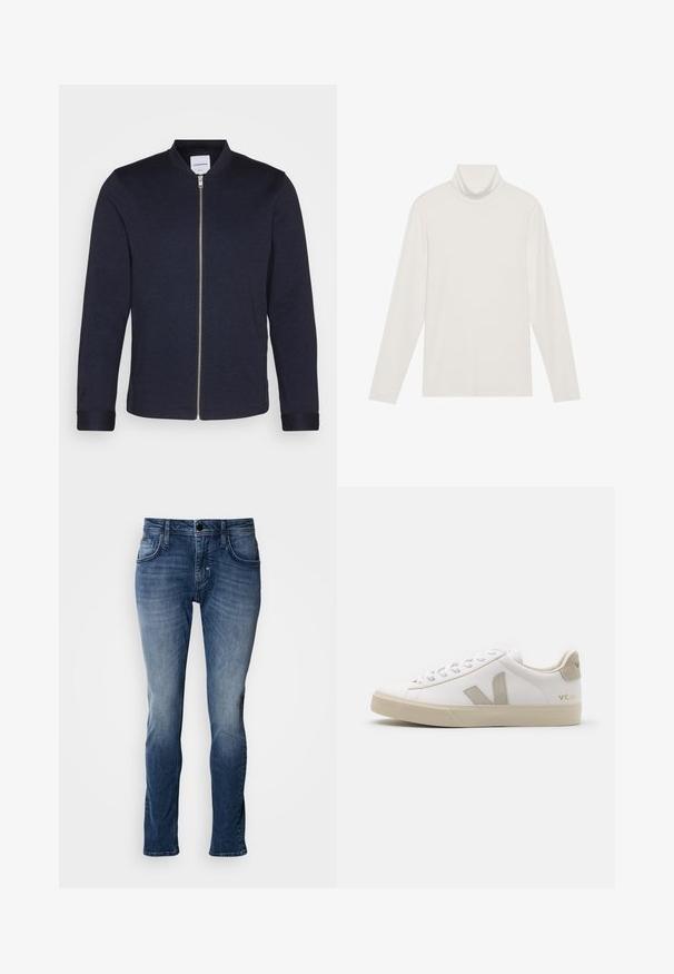Tmavomodrá bomber bunda s predným zipsom, okrúhlym výstrihom a manžetovými rukávmi. Vyrobená z hladkej látky s minimalistickým dizajnom.; Dlhý rukáv, rolák v bielej farbe. Mäkčí, elastický materiál s priliehavým strihom. Obsahuje vysoký golier a minimálne švy.; Modré džínsy z denimu s vybledlým povrchom, dizajn s piatimi vreckami, strih rovného nohavicu a detaily kontrastného šitia. Jednoduché zapínanie na gombík a zips.; Biele kožené tenisky s béžovými akcentmi, plochá gumová podrážka, okrúly špička a kontrastné logo na boku a zadnej časti. S viazaním.