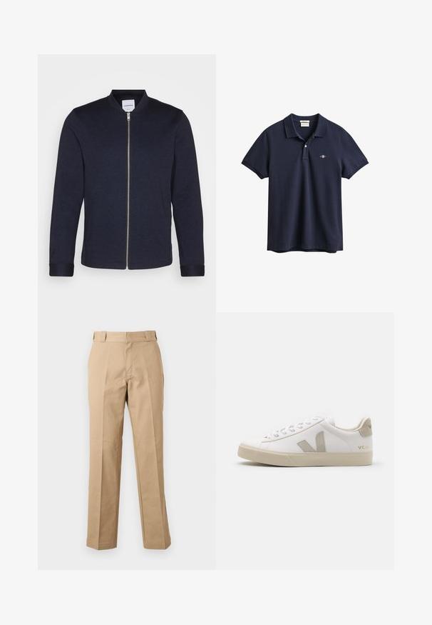 Donker marineblauwe bomberjack met een voorkANT ritssluiting, ronde halslijn en omgeslagen mouwen. Gemaakt van een soepele stof met een minimalistisch ontwerp.; Donkerblauw poloshirt van katoen, met een knoopsluiting met twee knopen, korte mouwen en een klein geborduurd logo op de linkerborst.; Beige rechte broek met riemlussen, een voorrits en gestreken plooien, getoond tegen een effen witte achtergrond.; Witte leren sneaker met beige accenten, platte rubberen zool, ronde neus en contrasterend logo aan de zijkant en achterkant. Vetersluiting.