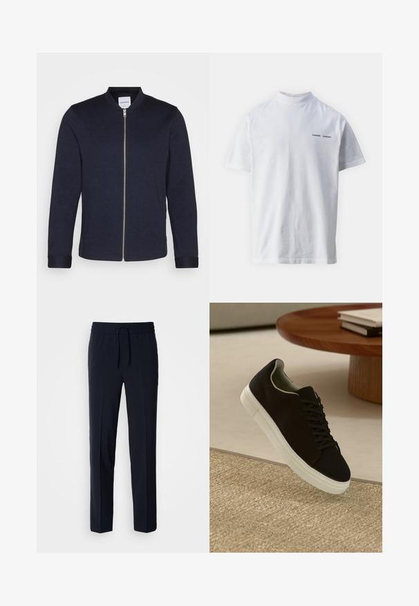 Mørkeblå bomberjakke med frontlynlås, rund halsudskæring og manchetter. Lavet af et glat stof med et minimalistisk design.; Hvid bomulds t-shirt med høj halsudskæring og korte ærmer. Har "SAMSØE SAMSØE" logo i sort på forsiden. Glat tekstur.; Marineblå, letvægtsbukser med elastisk talje og justerbar snor, med lige pasform og glat tekstur.; Sort sneaker med hvid sål svævende over en beige tekstureret tæppe nær et rundt trætabel med stablede bøger.