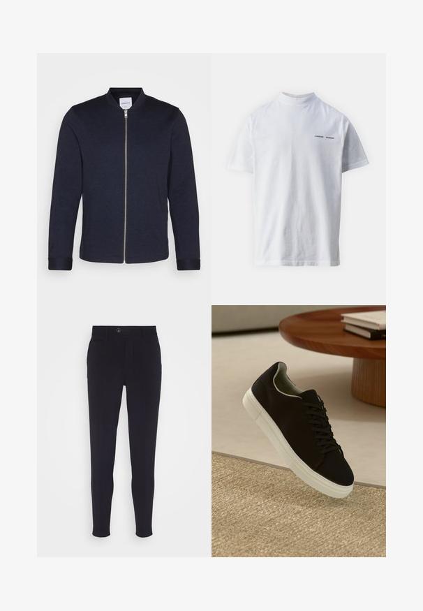 Dunkelblaue Bomberjacke mit einem Frontreißverschluss, rundem Halsausschnitt und umgeschlagenen Ärmeln. Aus einem glatten Stoff mit einem minimalistischen Design gefertigt.; Weißes Baumwoll-T-Shirt mit hohem Ausschnitt und kurzen Ärmeln. Mit schwarzem "SAMSØE SAMSØE" Logo auf der Vorderseite. Glatte Textur.; Navyblaue, taillierte Hose mit schlankem Schnitt, ausgestattet mit einem Knopfverschluss, seitlichen Taschen und einem glatten, leicht strukturierten Stoff.; Schwarze Sneakers mit weißer Sohle, die über einem beige strukturierten Teppich schweben, in der Nähe eines runden Holztisches mit gestapelten Büchern.