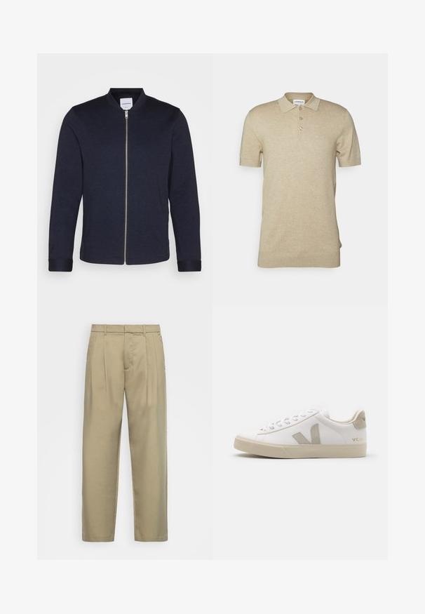 Dunkelblaue Bomberjacke mit einem Frontreißverschluss, rundem Halsausschnitt und umgeschlagenen Ärmeln. Aus einem glatten Stoff mit einem minimalistischen Design gefertigt.; Beige Poloshirt mit kurzen Ärmeln aus weichem Strick, mit einem Kragen, drei braunen Knöpfen und einem kleinen gestickten Logo auf der Brust.; Beige, hochgeschnittene Hose mit geradem Schnitt, flachem Bund, Seitentaschen und einem glatten, strukturierten Stoff.; Weiße Ledersneaker mit beigen Akzenten, flacher Gummisohle, runder Zehenpartie und kontrastierendem Logo an der Seite und Rückseite. Mit Schnürdesign.