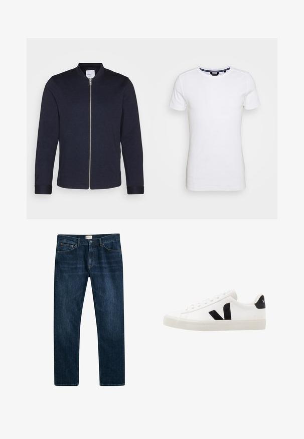 Mørkeblå bomberjakke med frontlynlås, rund halsudskæring og manchetter. Lavet af et glat stof med et minimalistisk design.; Lindbergh T-shirts basic - white; Mørkeblå denim jeans med lige ben, knap- og lynlåslukning samt forlommer. Glat tekstur og minimal falmning.; Hvide lædersneakers med sorte ruskindsdetaljer; har en gummisål, rund tå og klassisk snørebåndsdesign. Side logo i sort.