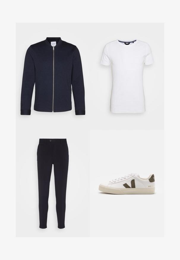 Donker marineblauwe bomberjack met een voorkANT ritssluiting, ronde halslijn en omgeslagen mouwen. Gemaakt van een soepele stof met een minimalistisch ontwerp.; Lindbergh T-shirt basic - white; Marinelblauwe tailored broek met een slim fit, voorzien van een knoopsluiting, zijzakken en een gladde, licht gestructureerde stof.; Witte leren sneakers met een lichtbeige rubberen zool. Voorzien van een bruine suède V-logo en hieltab. Gespsluiting met een gestructureerd oppervlak.