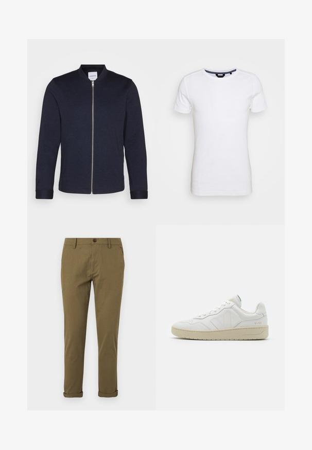 Mørkeblå bomberjakke med frontlynlås, rund halsudskæring og manchetter. Lavet af et glat stof med et minimalistisk design.; Lindbergh T-shirts basic - white; Herre slim-fit khaki chinos med bæltestropper, knaplukning, sidelommer og opsmøgede buksekant på hvid baggrund.; Hvide lædersneakers med struktureret overflade og polstret krave. Har en beige gummisål og diskret branding på hælen og siden.