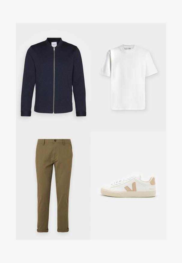 Chaqueta bomber de un oscuro color azul marino con cremallera frontal, cuello redondo y mangas con puños. Hecha de una tela suave con un diseño minimalista.; Camiseta blanca lisa de manga corta y cuello redondo, colocada extendida sobre un fondo gris claro con una pequeña etiqueta de marca dentro del cuello.; Pantalones chinos khaki de corte ajustado para hombre con trabillas para cinturón, cierre de botón, bolsillos laterales y puños doblados sobre fondo blanco.; Zapatillas blancas con acentos beige, material de cuero liso, punta redonda, suela de goma plana y cordones en la parte delantera con un logotipo en el talón.