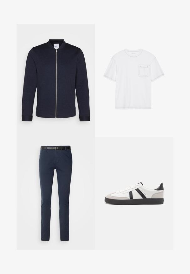Chaqueta bomber de un oscuro color azul marino con cremallera frontal, cuello redondo y mangas con puños. Hecha de una tela suave con un diseño minimalista.; Camiseta de algodón blanca con mangas cortas, cuello redondo y un bolsillo en el pecho. Presenta costuras en contraste a lo largo de los bordes.; Pantalones de algodón azul marino con corte ajustado, que presentan un cinturón de cuero negro texturizado y bolsillos clásicos. Diseño limpio, sin patrones.; Zapatilla blanca con acentos en negro y gris, que presenta una puntera texturizada en gris, suela de goma negra y cordones planos blancos. Diseño limpio, estilo minimalista.