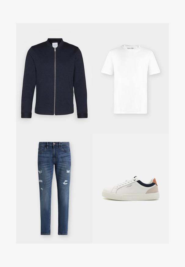 Veste bomber bleu marine foncé avec une fermeture éclair sur le devant, un col rond et des manches resserrées. Fabriquée dans un tissu lisse avec un design minimaliste.; T-shirt blanc uni à manches courtes avec col rond, présenté de face sur un fond gris clair, sans logos visibles.; Jean skinny en denim bleu avec légère décoloration et zones usées aux cuisses et aux genoux, fermeture avant par bouton et zip, design cinq poches.; Baskets en cuir blanc avec un design bas, accent en tissu bleu marine sur le col et onglet de talon en daim rose pâle. Semelle en caoutchouc.