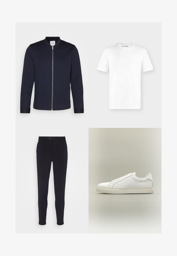 Donker marineblauwe bomberjack met een voorkANT ritssluiting, ronde halslijn en omgeslagen mouwen. Gemaakt van een soepele stof met een minimalistisch ontwerp.; Effen wit T-shirt met korte mouwen en een ronde hals, voorkant getoond tegen een lichtgrijze achtergrond zonder zichtbare logo's.; Marinelblauwe tailored broek met een slim fit, voorzien van een knoopsluiting, zijzakken en een gladde, licht gestructureerde stof.; Witte lage sneaker met veters aan de voorkant en dikke zool, zijaanzicht tegen een neutrale achtergrond.