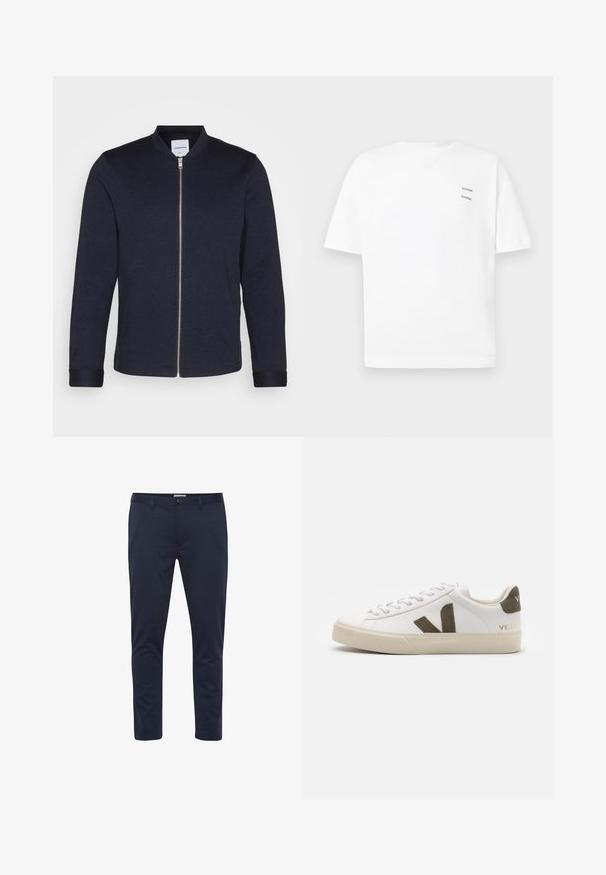 Dunkelblaue Bomberjacke mit einem Frontreißverschluss, rundem Halsausschnitt und umgeschlagenen Ärmeln. Aus einem glatten Stoff mit einem minimalistischen Design gefertigt.; Weißes Baumwoll-T-Shirt mit lässiger Passform, kurzen Ärmeln und V-Ausschnitt. Verfügt über zwei kleine schwarze gedruckte Logos auf der linken Seite.; Marineblaue Slim-Fit-Hose mit Gürtelschlaufen, Frontknopf und Reißverschluss, vor schlichtem weißem Hintergrund abgebildet.; Weiße Leder-Sneaker mit einer hellbeigen Gummisohle. Mit braunem Wildleder-V-Logo und Fersenlasche. Schnürverschluss mit texturierter Oberfläche.