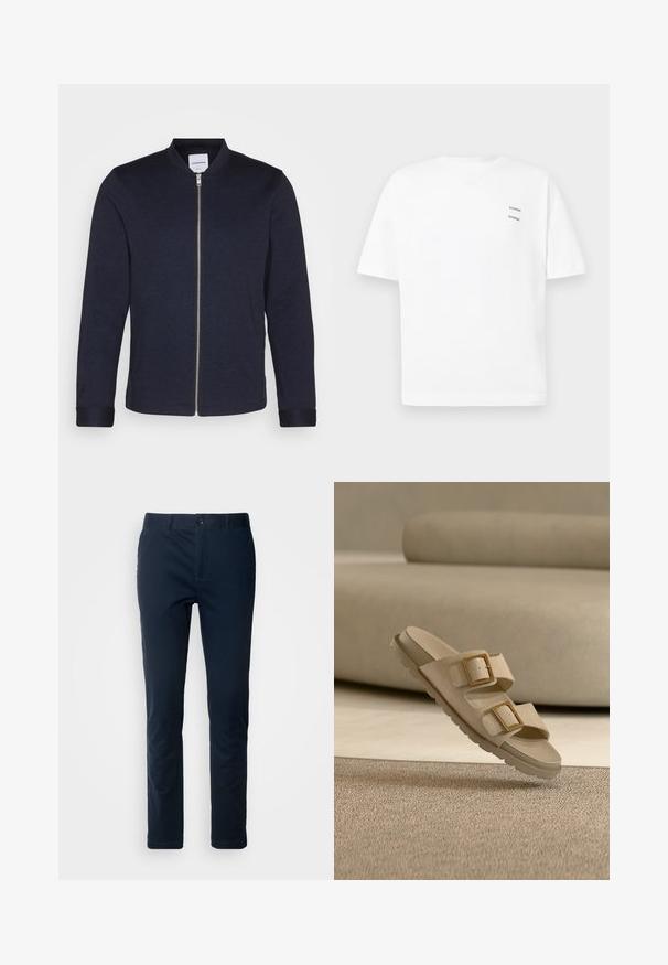 Σκούρο ναυτικό bomber jacket με φερμουάρ μπροστά, στρογγυλή λαιμόκοψη και μανίκια με κουμπιά. Φτιαγμένο από ένα λείο ύφασμα με μινιμαλιστικό σχέδιο.; Λευκό βαμβακερό μπλουζάκι με άνετη εφαρμογή, κοντά μανίκια και V-λαιμόκοψη. Διαθέτει δύο μικρά μαύρα τυπωμένα λογότυπα στην αριστερή πλευρά.; Ναυτικό μπλε chinos από υφασμένο ύφασμα, με κλείσιμο μπροστά με κουμπί, loops για ζώνη και ίσια γραμμή με μινιμαλιστική σχεδίαση.; Μπεζ σανδάλι με διπλό λουράκι και μεγάλες χρυσές αγκράφες, υφασμένη σόλα, αιωρείται πάνω από μπεζ χαλί με φόντο καναπέ σε ταιριαστό χρώμα.
