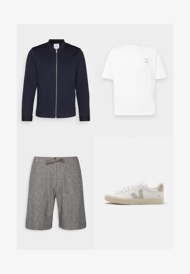 Donker marineblauwe bomberjack met een voorkANT ritssluiting, ronde halslijn en omgeslagen mouwen. Gemaakt van een soepele stof met een minimalistisch ontwerp.; Witte katoenen t-shirt met een relaxed fit, korte mouwen en een V-hals. Bevat twee kleine zwarte bedrukte logo's aan de linkerkant.; Grijze shorts van gestructureerde stof met een weefpatroon, elastische tailleband met een trekkoord, en zijzakken.; Witte leren sneaker met beige accenten, platte rubberen zool, ronde neus en contrasterend logo aan de zijkant en achterkant. Vetersluiting.