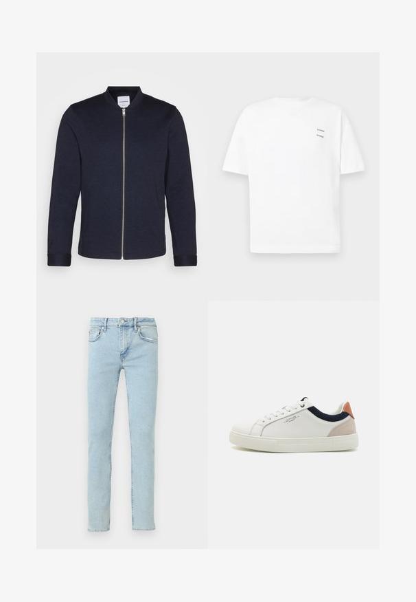 Mørkeblå bomberjakke med frontlynlås, rund halsudskæring og manchetter. Lavet af et glat stof med et minimalistisk design.; Hvid bomulds t-shirt med en afslappet pasform, korte ærmer og V-udskæring. Har to små sorte trykte logoer på venstre side.; Lyseblå denimjeans med lige ben, der har fem lommer, diskret falmning og klassiske syningsdetaljer.; Hvide lædersneakers med low-top design, marineblå stofdetalje på kraven og en lys lyserød suede hælflap. Gummisål.