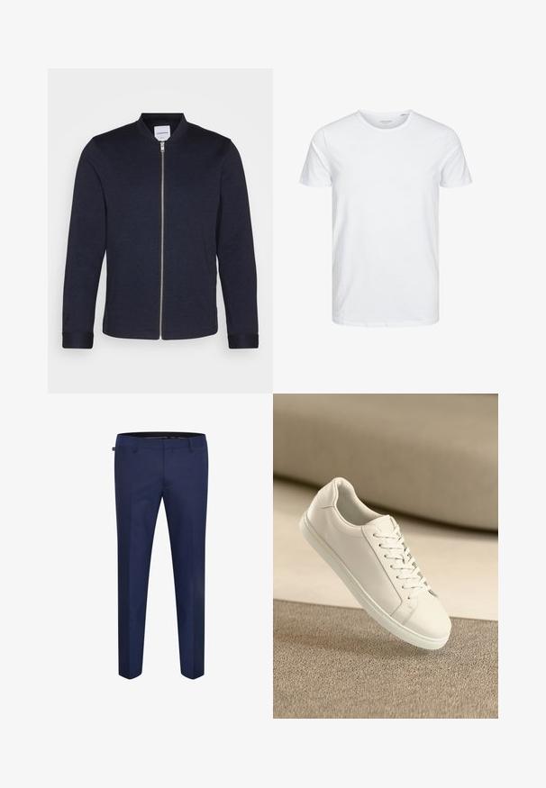 Dunkelblaue Bomberjacke mit einem Frontreißverschluss, rundem Halsausschnitt und umgeschlagenen Ärmeln. Aus einem glatten Stoff mit einem minimalistischen Design gefertigt.; Rundhals-T-Shirt mit kurzen Ärmeln in reinem Weiß, aus weicher Baumwolle, mit einem schlichten Design ohne sichtbare Muster oder Akzente.; Marineblaue maßgeschneiderte Hose aus einem glatten Stoff, mit schmaler Passform und flacher Vorderseite ohne sichtbare Taschen oder Verzierungen.; Weißes Leder Sneaker mit weißen Schnürsenkeln, auf einer beigefarbenen strukturierten Oberfläche präsentiert, und einem sanft verschwommenen Hintergrund.