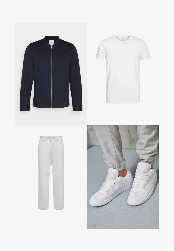 Σκούρο ναυτικό bomber jacket με φερμουάρ μπροστά, στρογγυλή λαιμόκοψη και μανίκια με κουμπιά. Φτιαγμένο από ένα λείο ύφασμα με μινιμαλιστικό σχέδιο.; Μπλούζα κοντομάνικη με στρογγυλή λαιμόκοψη σε λευκό χρώμα, φτιαγμένη από απαλό βαμβάκι, διαθέτει απλό σχέδιο χωρίς ορατά μοτίβα ή διακοσμητικά.; Λευκό παντελόνι από λινό με κορδόνι σφιξίματος στη μέση, ελαστική ζώνη μέσης και πλαϊνές τσέπες, με ίσια γραμμή στο πόδι.; Λευκά δερμάτινα αθλητικά παπούτσια με περφοραρισμένο μπροστινό μέρος, επίπεδα κορδόνια, μαλακή επένδυση στον αστράγαλο και το λογότυπο Jordan στην γλώσσα. Φοριούνται με γκρι φόρμες.