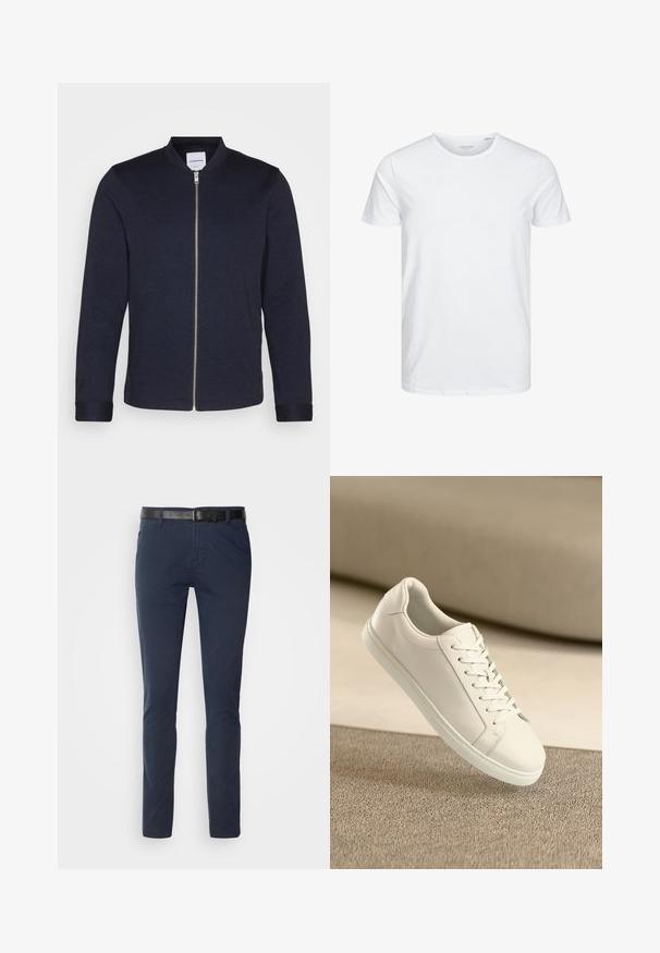 Donker marineblauwe bomberjack met een voorkANT ritssluiting, ronde halslijn en omgeslagen mouwen. Gemaakt van een soepele stof met een minimalistisch ontwerp.; Ronde hals kortemouwen t-shirt in effen wit, gemaakt van zachte katoen, heeft een eenvoudig ontwerp zonder zichtbare patronen of accenten.; Marineblauwe katoenen broeken met een smalle pasvorm, voorzien van een gestructureerde zwarte leren riem en klassieke zakken. Schoon ontwerp, geen patronen.; Witte leren sneaker met witte veters, weergegeven op een beige textuurovervlak en een zacht vervaagd achtergrond.