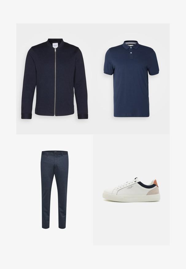 Chaqueta bomber de un oscuro color azul marino con cremallera frontal, cuello redondo y mangas con puños. Hecha de una tela suave con un diseño minimalista.; Polo de color azul marino hecho de algodón suave, con cuello de solapa, tapeta de dos botones y mangas cortas. Detalle de cuello interior a rayas.; Pantalones azul marino de tejido texturizado con corte ajustado, que cuentan con cierre de botón y trabillas para cinturón, adecuados para uso casual o formal.; Zapatillas blancas de cuero con un diseño de caña baja, acento en tela azul marino en el cuello y una lengüeta de talón de ante rosa claro. Suela de goma.
