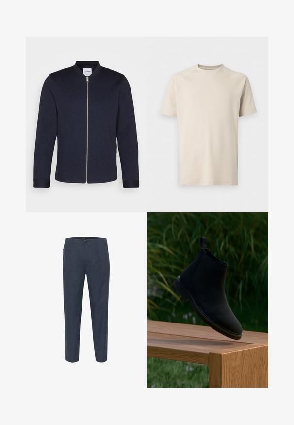 Donker marineblauwe bomberjack met een voorkANT ritssluiting, ronde halslijn en omgeslagen mouwen. Gemaakt van een soepele stof met een minimalistisch ontwerp.; Beige T-shirt met korte mouwen en ronde hals met raglanmouwen, effen en van gladde stof.; Donkerblauwe tapse herenbroeken met knoopsluiting, riemlussen en zijzakken, gepresenteerd op een witte achtergrond.; Zwarte Chelsea-laars van glad leer, met een trekkoord, ronde neus, elastische zijpanelen en een lage hak. Getoond op een houten oppervlak.
