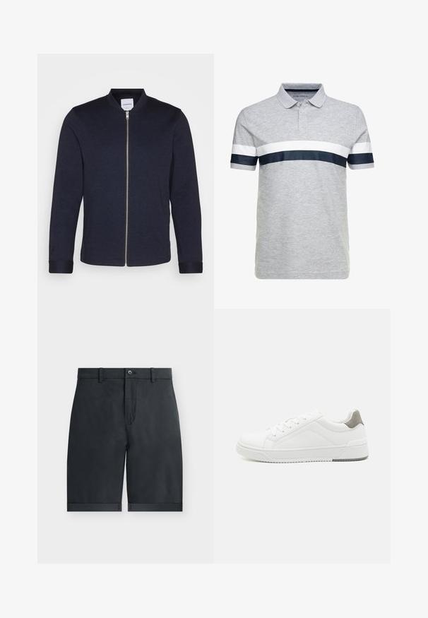 Mørkeblå bomberjakke med frontlynlås, rund halsudskæring og manchetter. Lavet af et glat stof med et minimalistisk design.; Grå polo shirt lavet af bomuld, med en knapkrave, korte ærmer og brede horisontale striber i hvid og navy hen over brystet.; Sorte knælange shorts med opsmøgede kanter, knaplukning, bæltestropper og flad frontdesign på en ensfarvet hvid baggrund.; Hvid sneaker lavet af glat læder, rund tå, minimalistisk design, grå hælafsats og tekstureret gummisål.