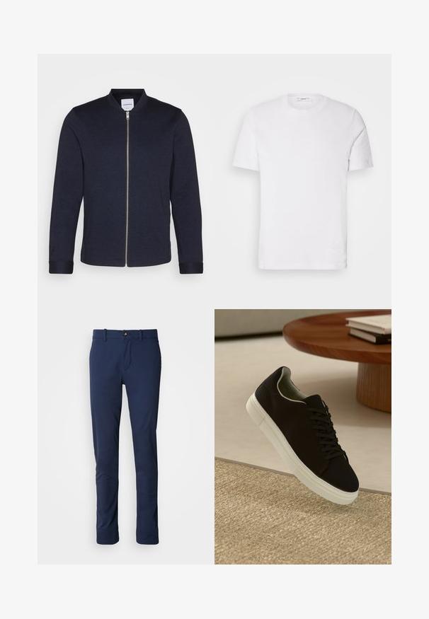 Chaqueta bomber de un oscuro color azul marino con cremallera frontal, cuello redondo y mangas con puños. Hecha de una tela suave con un diseño minimalista.; Camiseta de algodón blanca con cuello redondo y mangas cortas. Presenta un sutil logo de la marca en el frente, textura suave y un corte clásico.; Pantalones azul marino de tela suave, con un diseño de pierna recta, cierre de cremallera y un único bolsillo frontal con cierre de botón.; Zapatilla negra con suela blanca flotando sobre una alfombra texturizada beige cerca de una mesa redonda de madera con libros apilados.