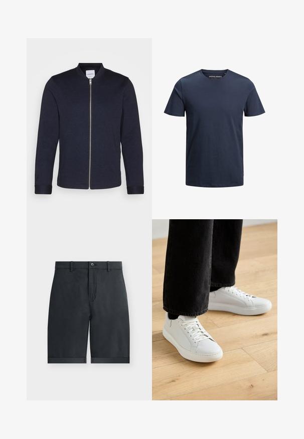 Chaqueta bomber de un oscuro color azul marino con cremallera frontal, cuello redondo y mangas con puños. Hecha de una tela suave con un diseño minimalista.; Camiseta de algodón azul marino con cuello redondo, mangas cortas y corte recto. Presenta una pequeña etiqueta con el logo en el lateral inferior.; Pantalones cortos negros hasta la rodilla con dobladillos vuelta, cierre con botón, trabillas para cinturón y diseño frontal plano sobre un fondo blanco liso.; Zapatillas bajas de cuero blanco, con cierre de cordones, punta redonda y diseño minimalista. Combinadas con jeans negros ajustados.